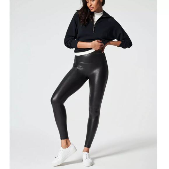 Spanx Smoothing Faux Leather Ankle Compression Leggings...